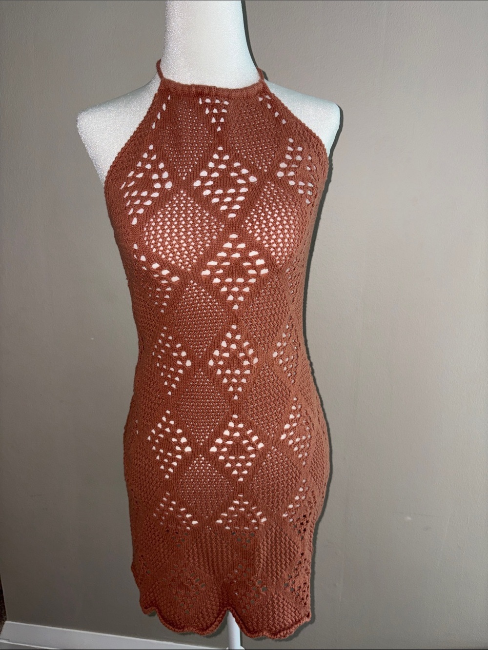 Blue Blush - Rust-Toned Crochet Halter Dress